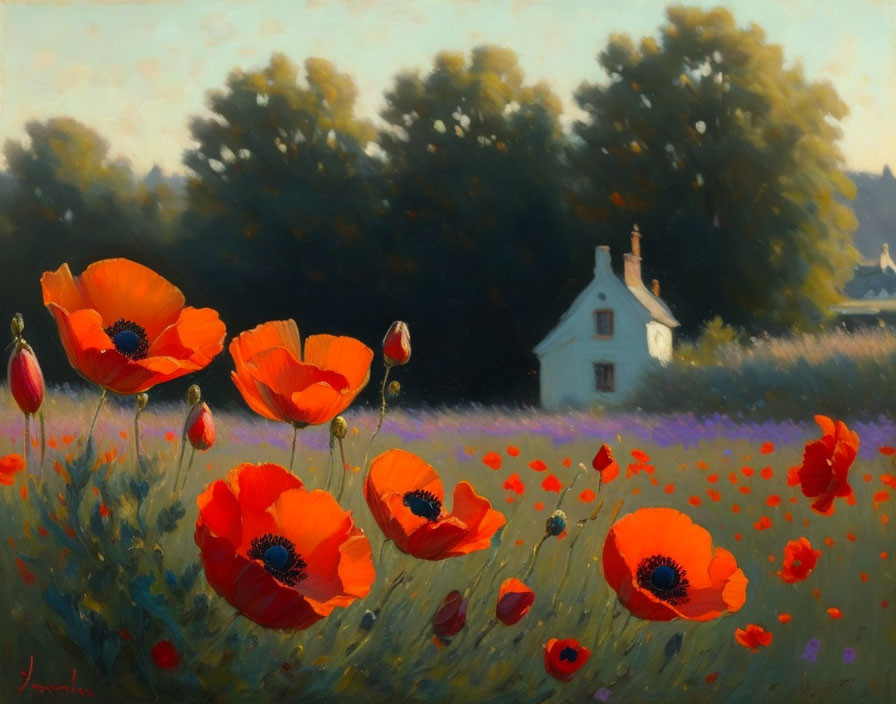 Vibrant Red Poppies with White House in Lavender Field at Dusk