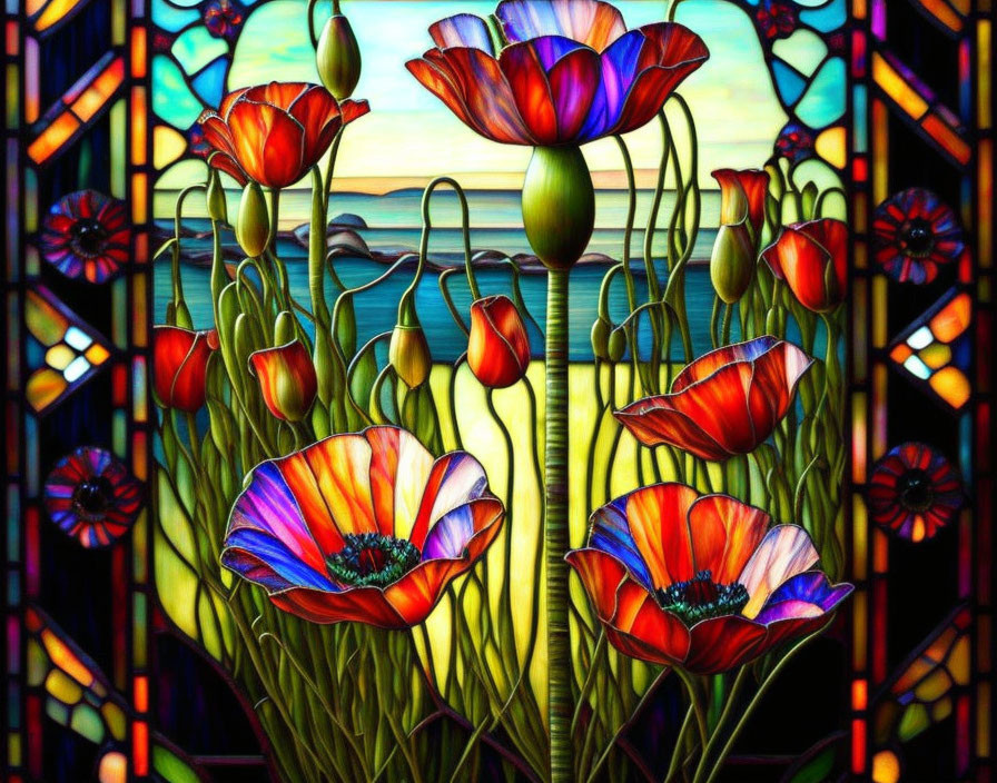 Colorful Poppy Stained Glass Window with Water and Sky Background