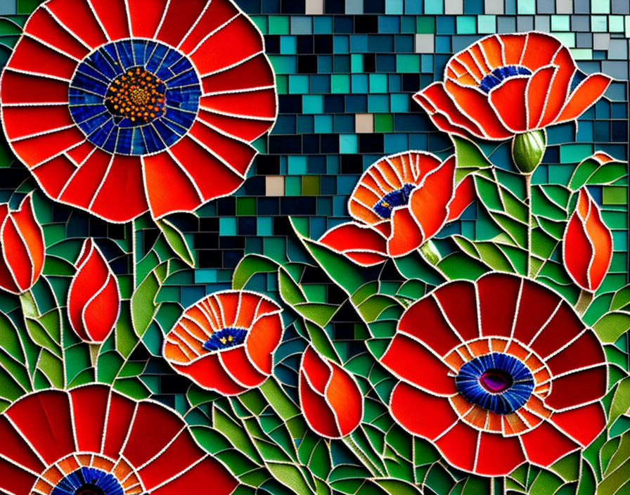 Colorful Mosaic Artwork of Red Poppies on Blue Background