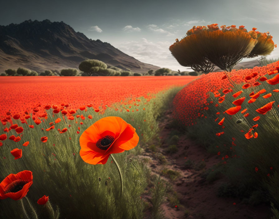 Colorful Poppy Field with Mountainous Background and Unique Tree Silhouettes