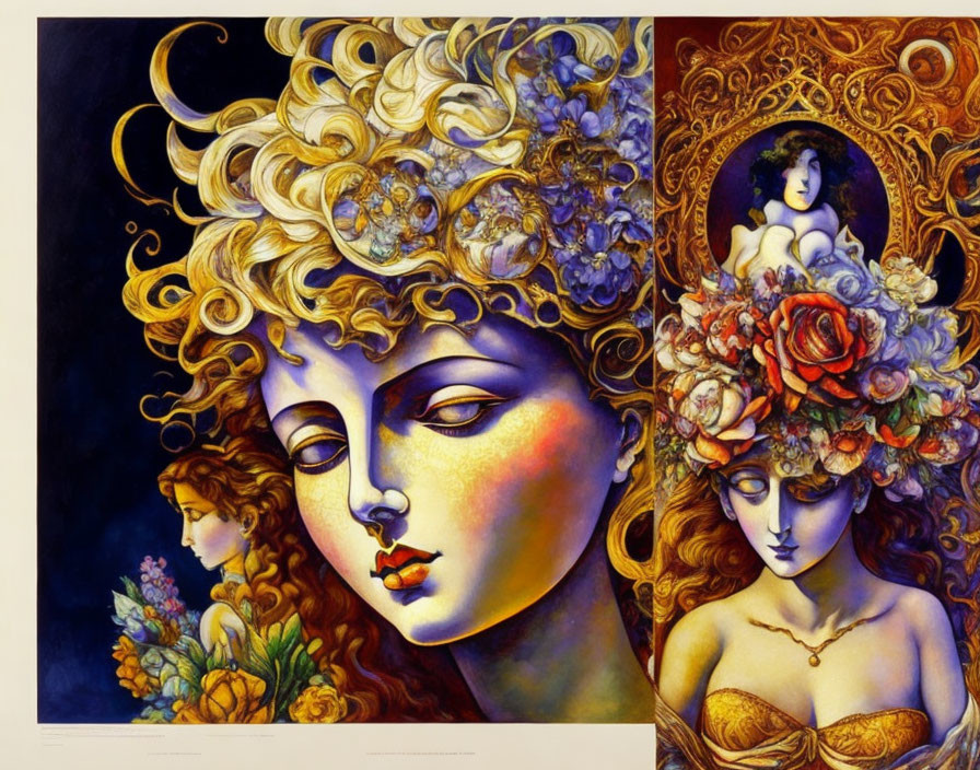 Colorful painting of two women with intricate floral hairstyles on contrasting background