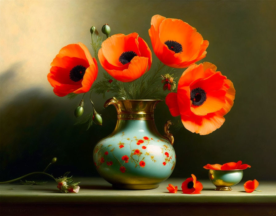 Vibrant Red Poppies in Ornate Golden-Green Vase