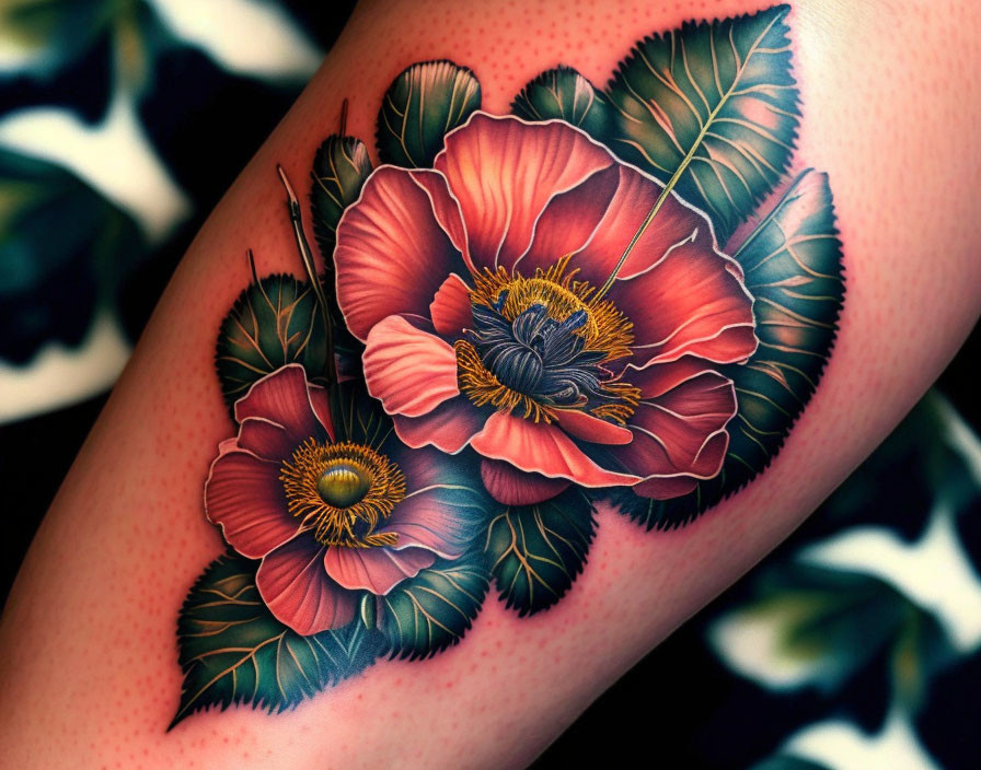 Detailed Red and Orange Floral Tattoo on Skin