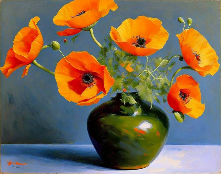 Vibrant orange poppies in green vase on grey background