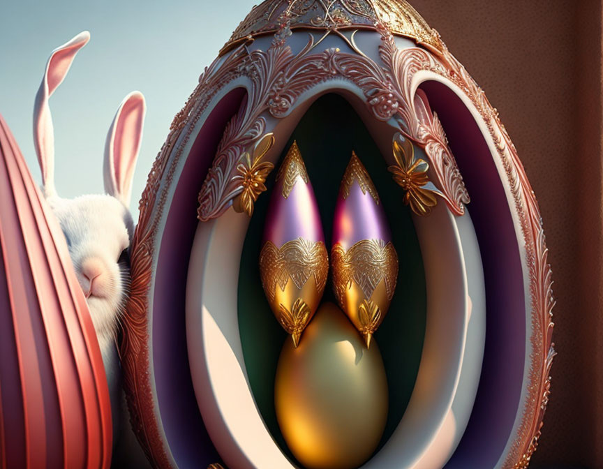 White rabbit peeking from large ornate egg reveals stack of smaller decorated eggs