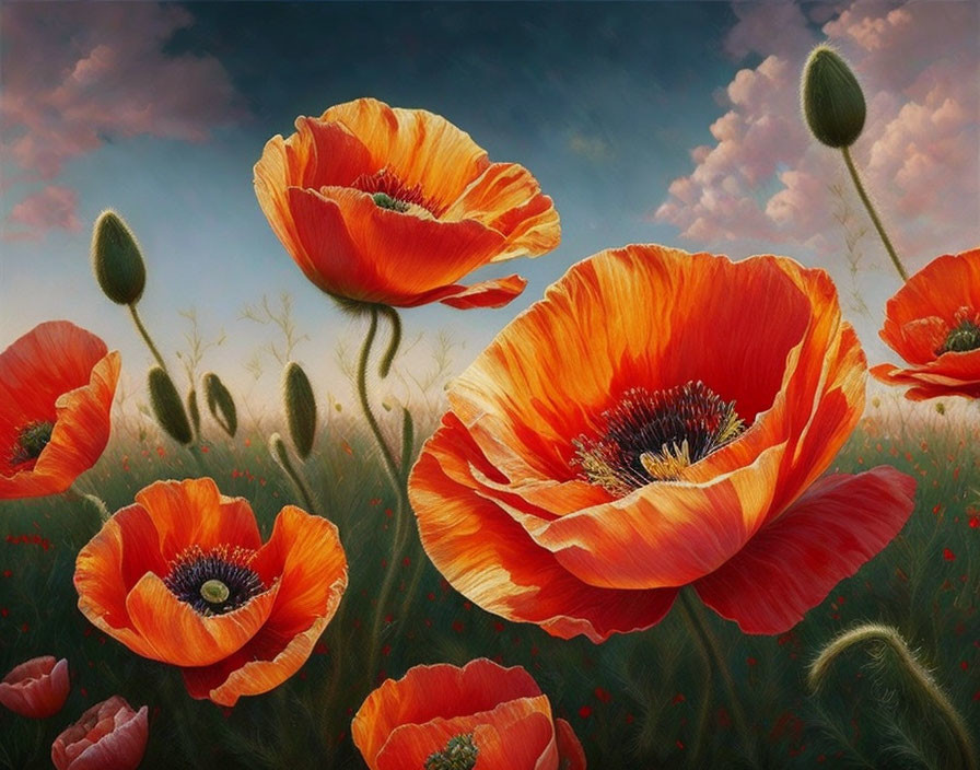 Colorful painting of red poppies in lush field under pastel sky