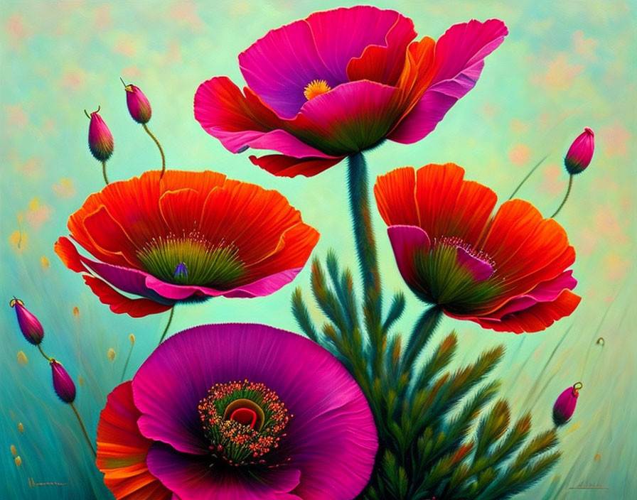 Colorful painting of red and purple poppies on green backdrop