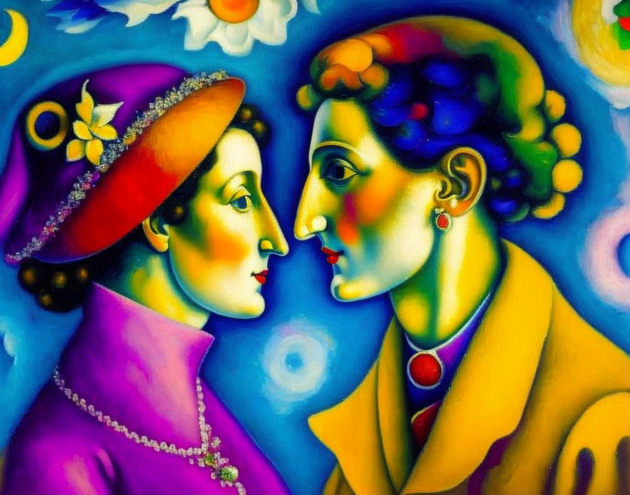 Colorful Stylized Profiles of Man and Woman Against Abstract Background