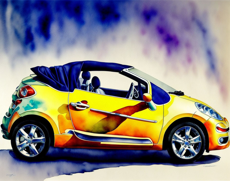 Vibrant Watercolor Painting of Yellow Convertible Car