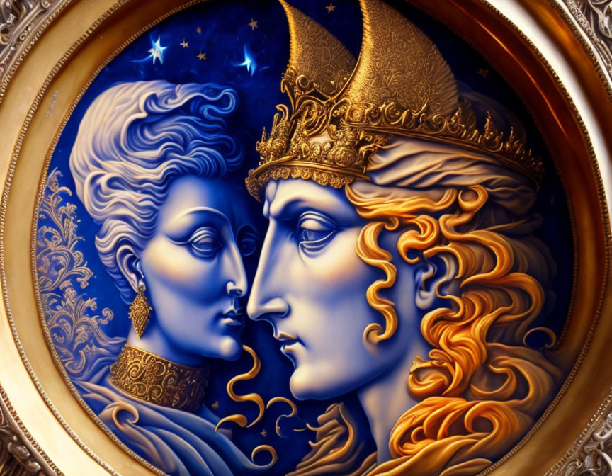 Stylized male and female faces in relief with golden headpieces on starry night sky background