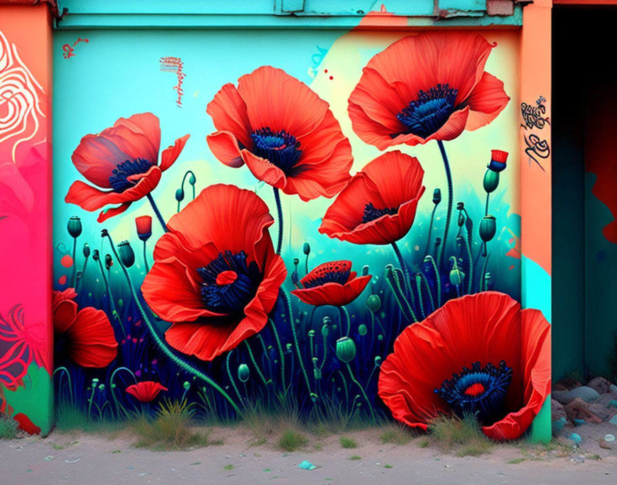 Colorful street art mural featuring oversized red poppy flowers on teal background