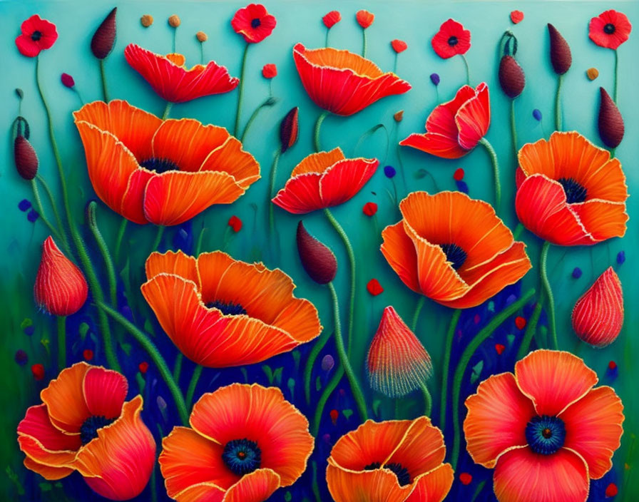 Detailed Red Poppies Painting on Teal Background