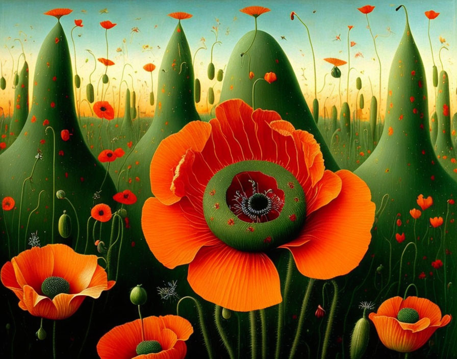 Colorful painting of oversized red poppies against green hills and teal sky