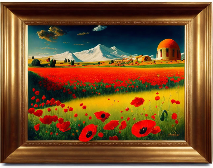 Colorful landscape painting with red poppies, field, dome structure, and mountain in gold frame