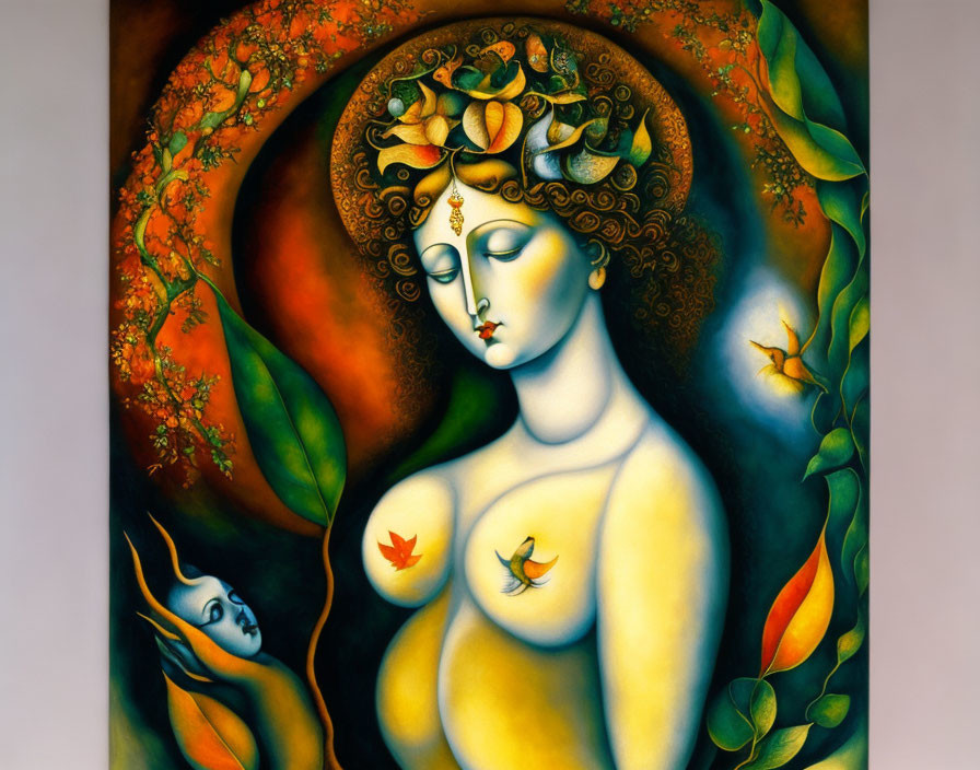 Colorful Painting of Serene Woman with Nature Elements