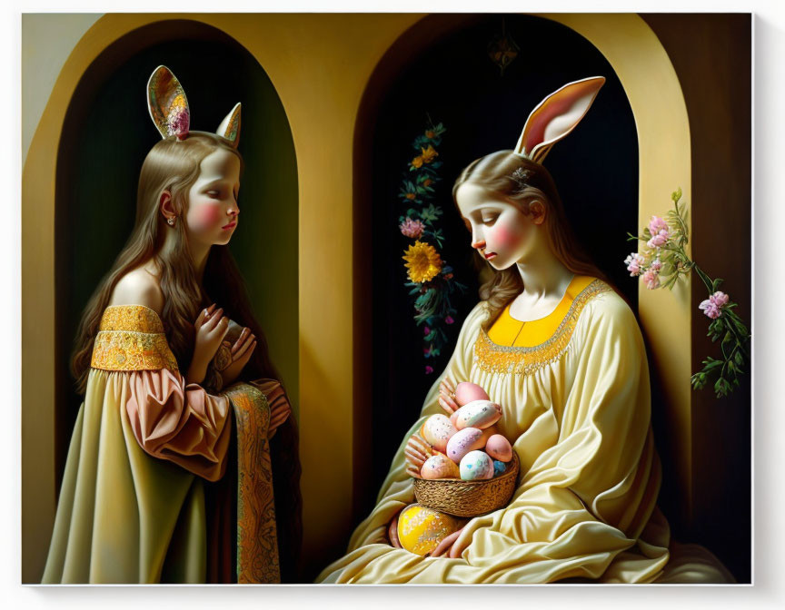 Two women in vintage dresses and bunny ears with Easter egg basket in room with arched doorways.