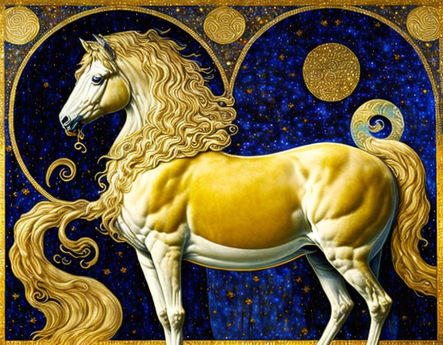 Golden horse with flowing mane on starry blue and gold background inspired by Van Gogh.