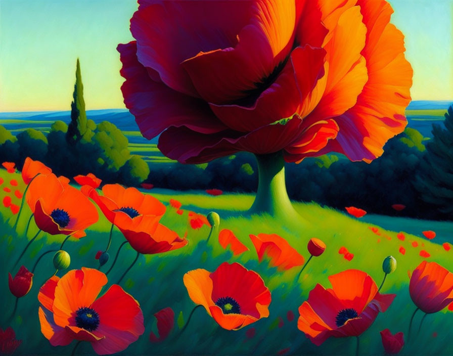 Colorful Oversized Red Poppy Painting in Lush Field Under Blue Sky