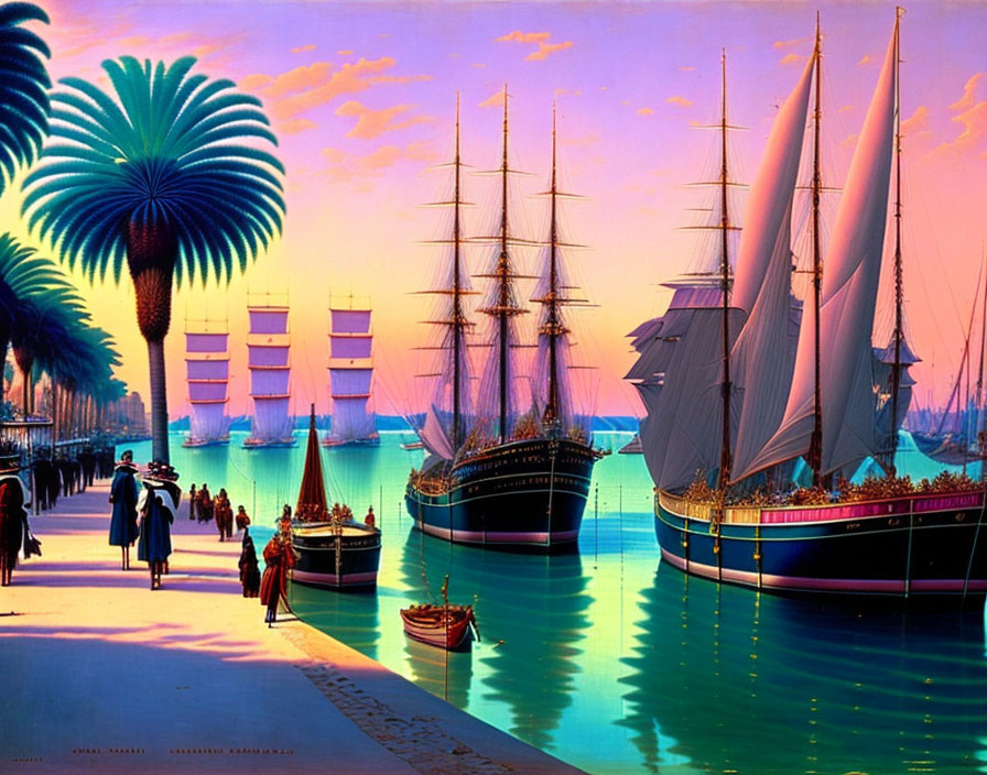 Historic harbor scene with tall ships, people in period clothing, calm waters, tropical tree, sunset