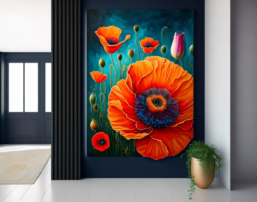 Colorful oversized red poppies painting on white wall in modern room with dark doors and green plant