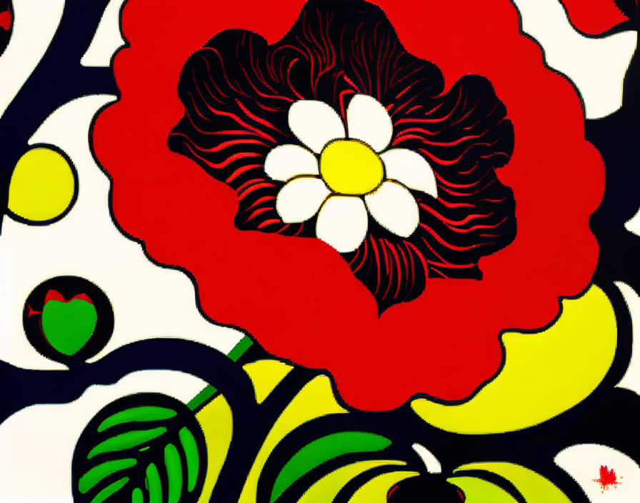 Vibrant Red, Black, Yellow & White Floral Pattern