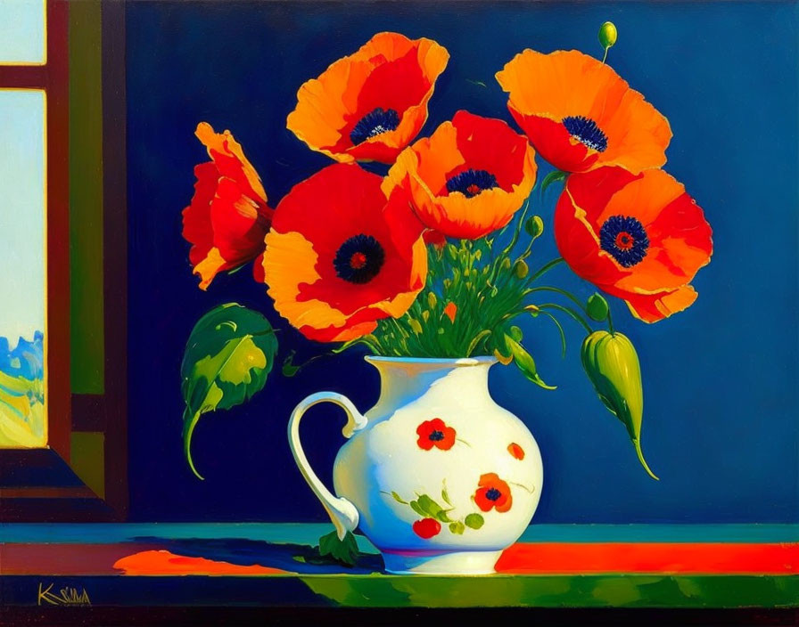 Red poppies in white vase on blue background with landscape hint