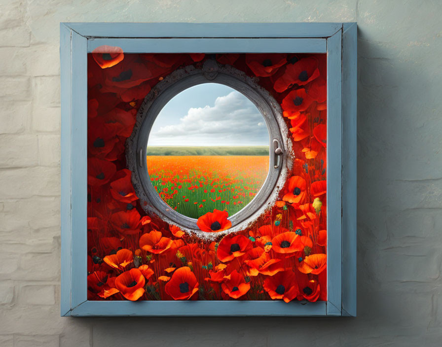 Porthole window with red poppies overlooking lush field