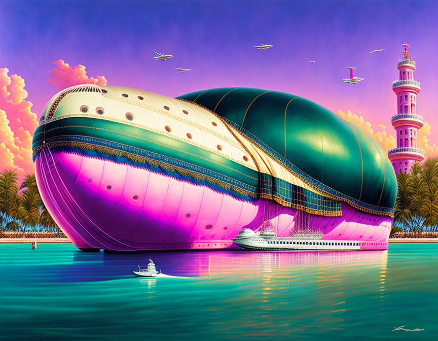 Futuristic airship near lighthouse in vibrant sky