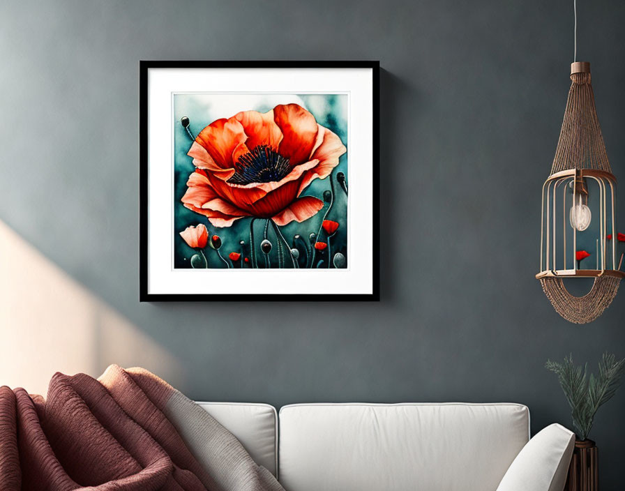 Red Poppy Painting Above White Sofa with Pendant Light and Blanket