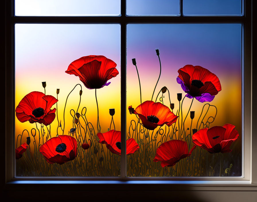 Vibrant Red Poppies in Stained-Glass Sunset Window