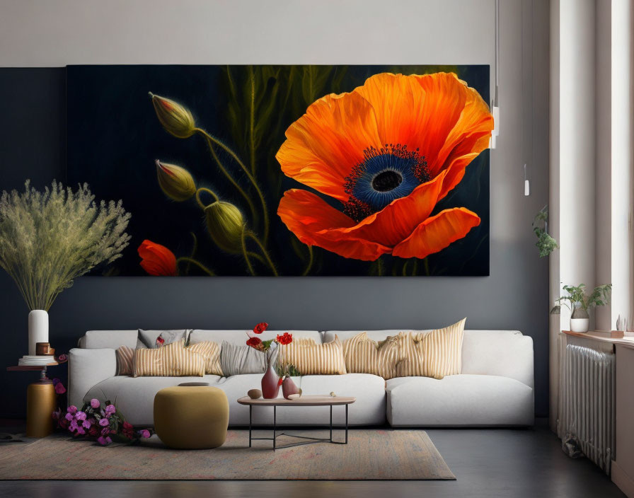 Spacious living room with large sofa, round coffee table, and red poppy painting