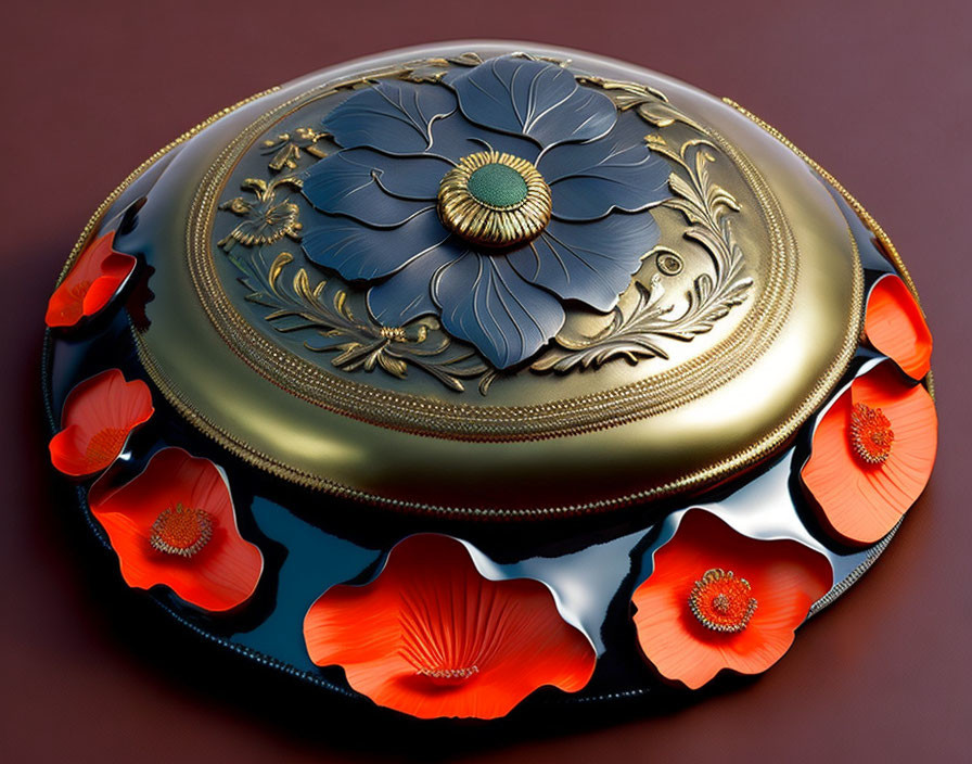 Circular Black and Gold Lacquer Box with Intricate Floral Design