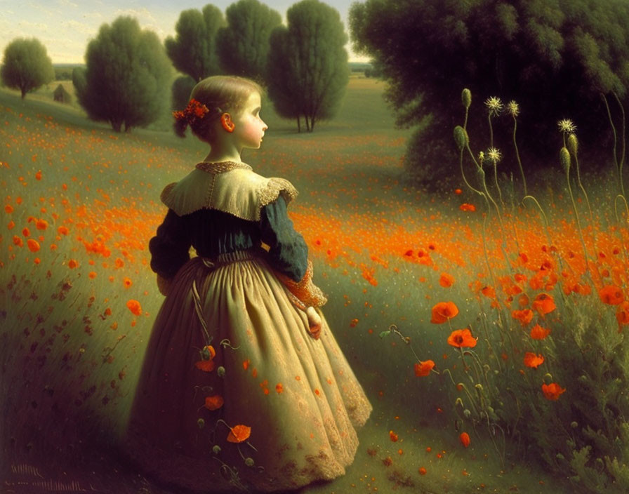 Young girl in vintage dress among red poppies and trees.