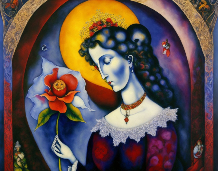 Portrait of a Woman with Blue Skin Holding a Red Flower