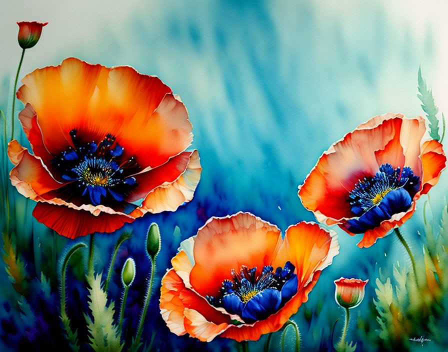 Colorful Watercolor Painting of Red Poppies on Blue Background