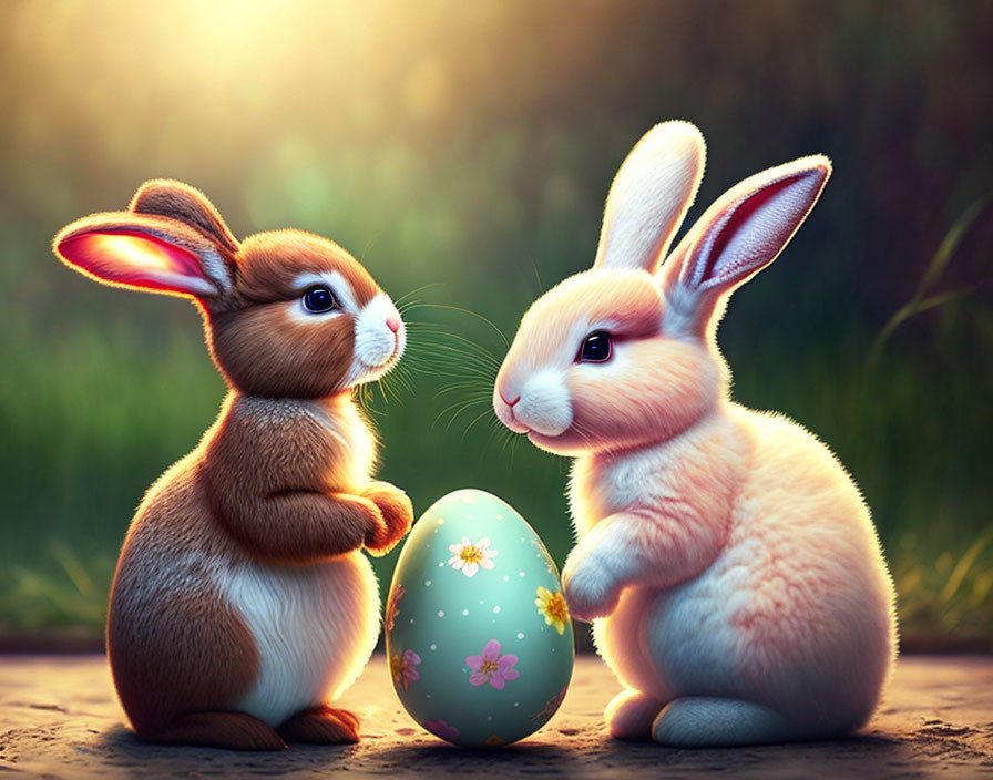 Animated rabbits with decorated egg in magical setting