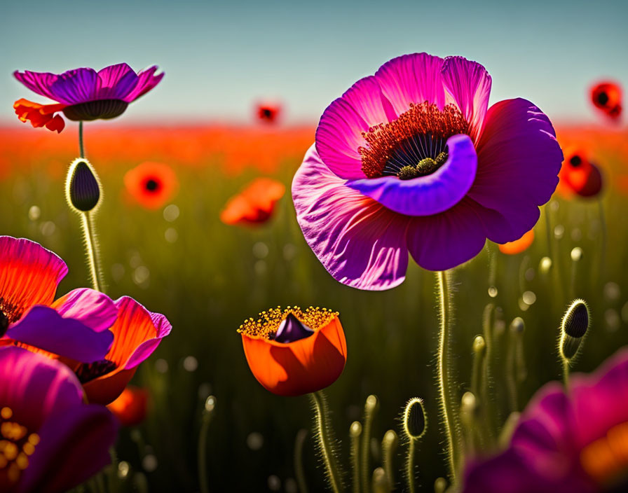 Colorful red and purple poppies in a serene meadow under a clear sky