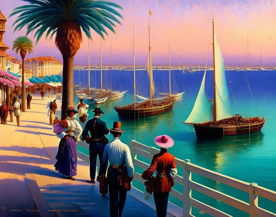 Victorian-era people at seaside promenade with sailboats and palm tree at sunset