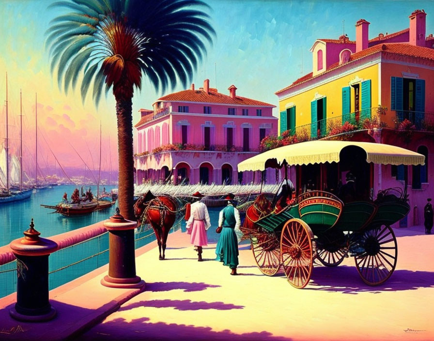 Coastal Mediterranean painting with horse-drawn carriage, palm trees, pink buildings, and sailboats