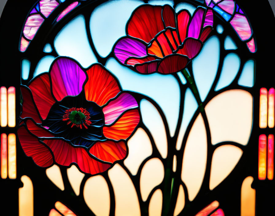 Colorful Stained Glass Window with Red and Purple Poppies