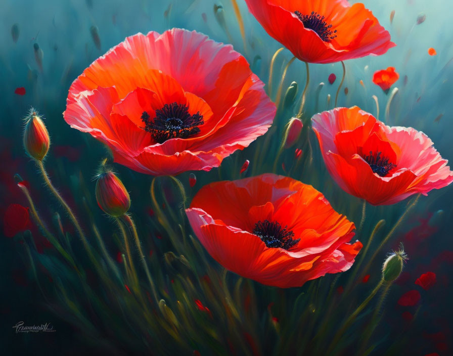 Bright red poppies with dark centers blooming among green foliage in soft-focus background