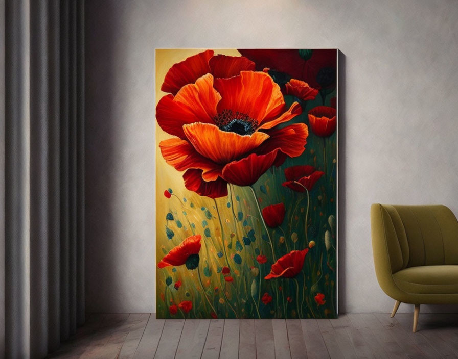 Vibrant red poppy flower painting in room with green armchair & grey curtains