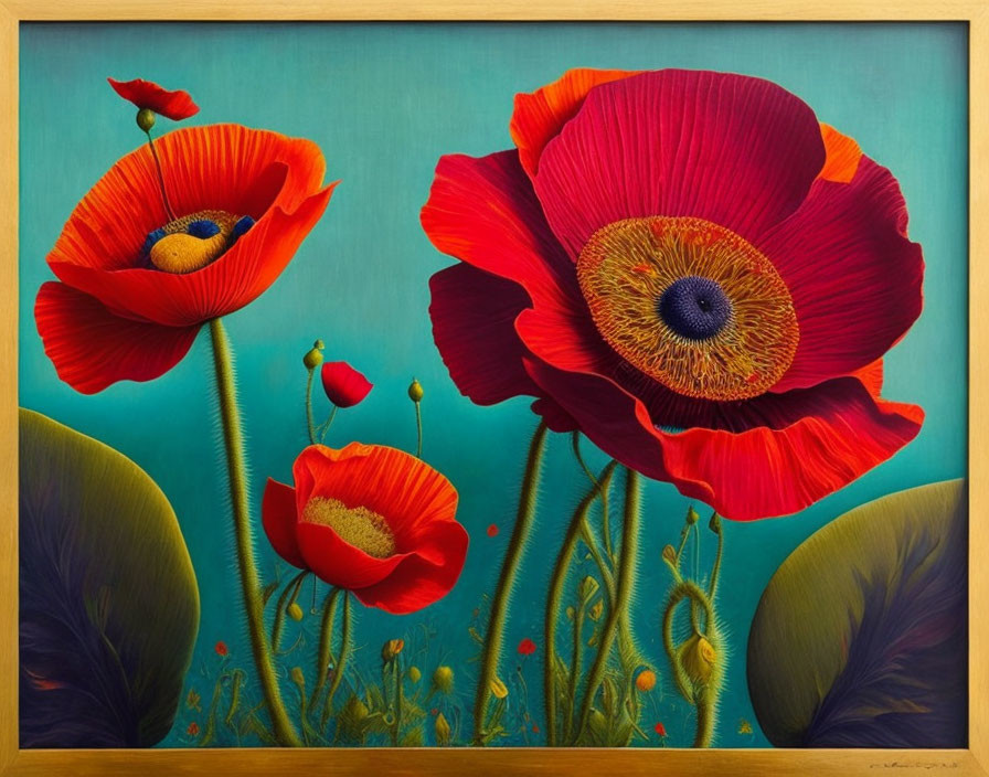 Detailed Red Poppies Painting with Blue-Green Background