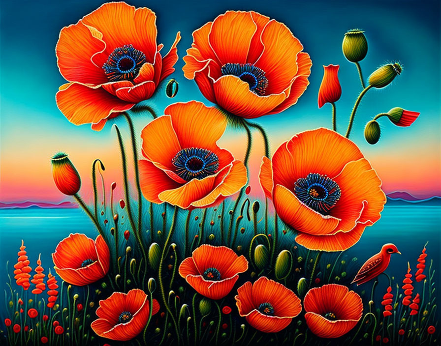 Detailed Red Poppies Painting with Bird in Sunset Scene