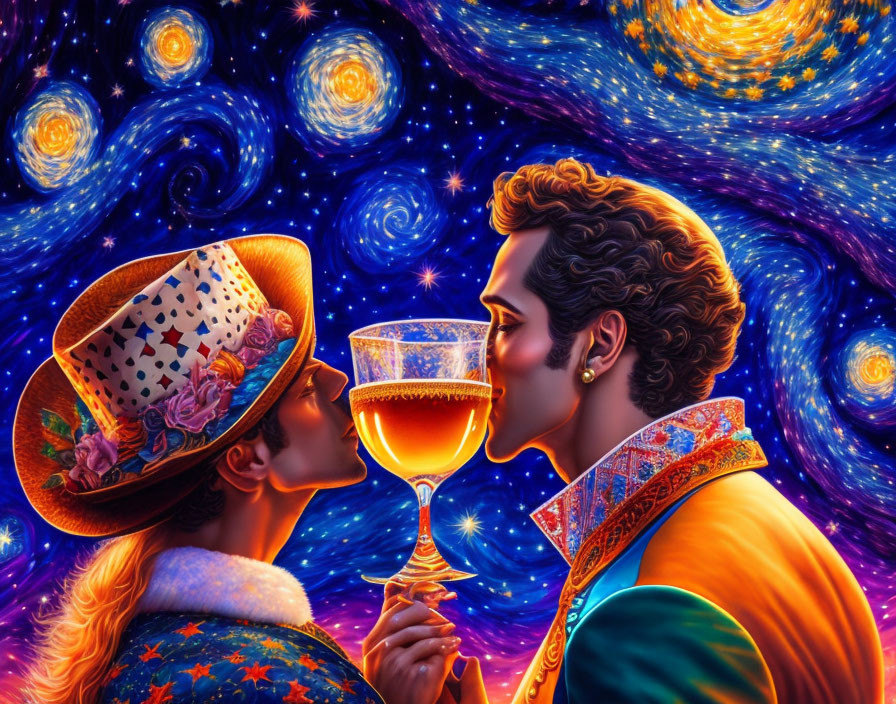 Romantic couple toasting with wine in vibrant starry attire against cosmic backdrop