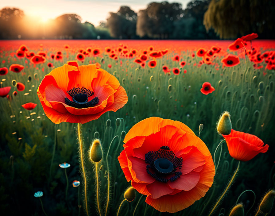 Lush Red Poppy Field with Sunlight and Trees