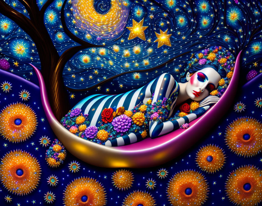 Colorful Striped Figure in Crescent Moon Surrounded by Vibrant Flowers and Starry Night Sky