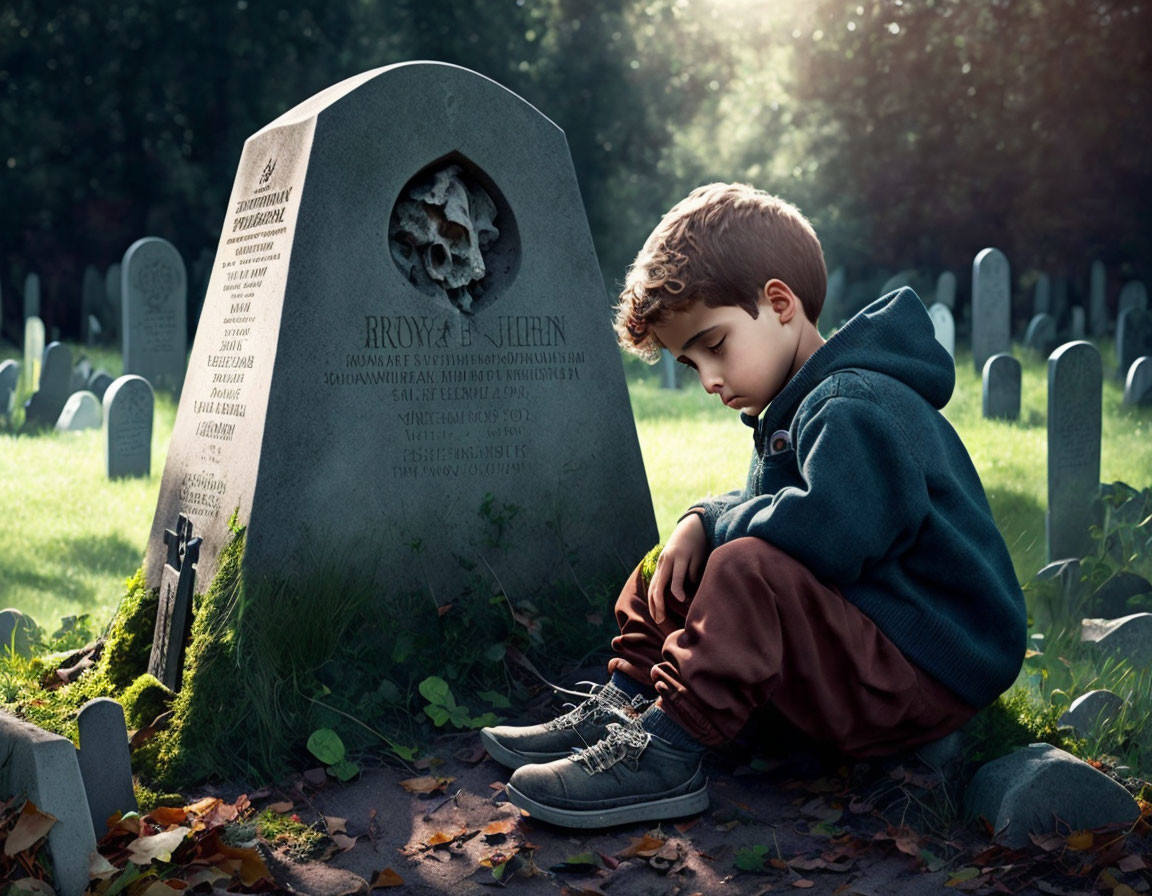 Young boy in green hoodie sitting by weathered gravestone