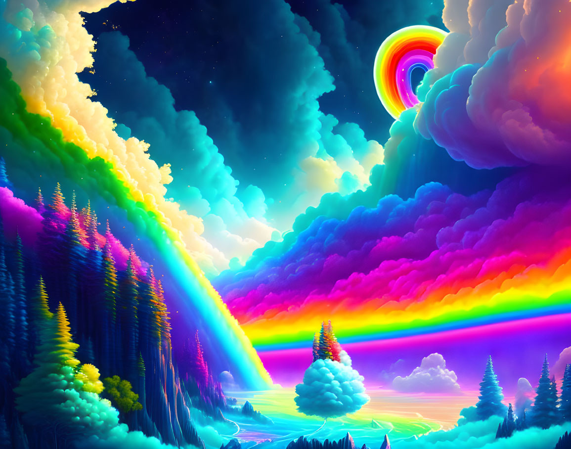 Colorful digital artwork: Rainbow spiral in sky, luminous clouds, vivid landscape with trees