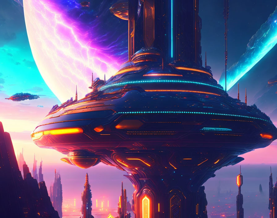 Futuristic neon-lit cityscape with towering spaceship under alien sky